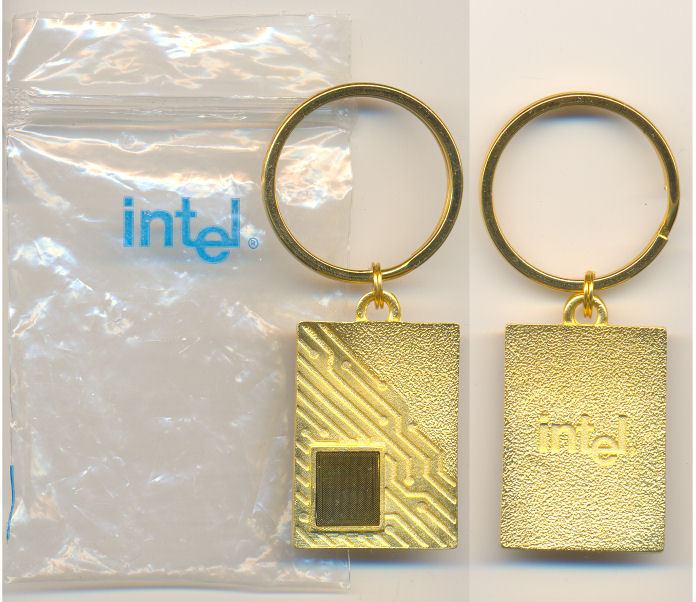 Intel gold keychain PIII with chip die